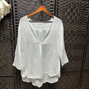 CP Shades Linen V-Neck 3/4 Sleeves White Tunic Top Size Medium